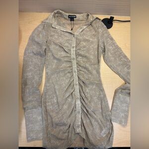 PrettyLittleThing Textured Tan Long Sleeve Dress